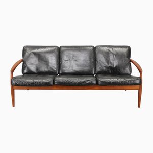 Paper Knife 3-Seater Teak Sofa in Leather by Kai Kristiansen, Denmark, 1960s
