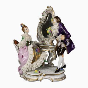 German Rococo Porcelain Figurine Couple at a Dressing Table, 1950s