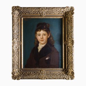 Alexandre Robert, Ritratto di una bambina Cornice dorata, Belgio, 1879, Olio su tavola, con cornice