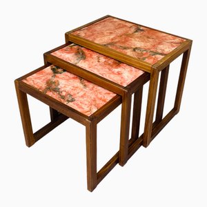 Nesting Tables in Pink Marble and Teak, 1960, Set of 3