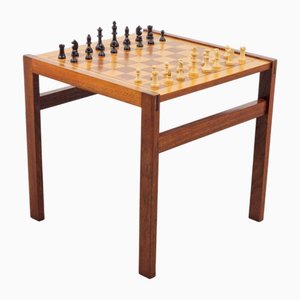 Vintage Chessboard Side Table and Chess Pieces, 1970s