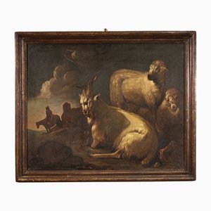Paesaggio bucolico con capre, metà del XVII secolo, olio su tela, con cornice
