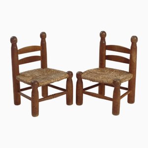 Set of Low Oak Straw Chairs in the style of Charles Dudouyt