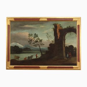 Pintura italiana de paisaje con personajes y ruinas, 1750, óleo sobre lienzo, enmarcado