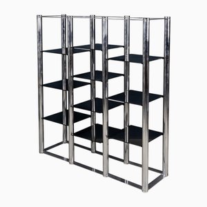 Vintage Italian Chrome and Smoked Glass Shelving Unit, 1980