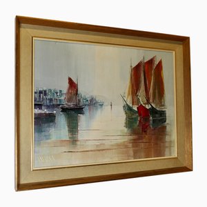 Yachts in Harbour, anni '70, olio su tela, con cornice