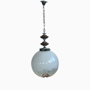 Lampada a sospensione Space Age in vetro di Murano e legno cromato attribuita a Mazzega, Italia, anni '70