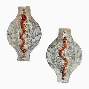 Applique da parete Space Age in vetro di Murano trasparente e marrone di Mazzega, anni '70, set di 2