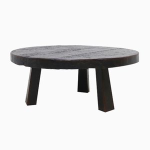 Brutalist Round Tripod Coffee Table in Stained Oak, 1970s