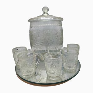 Contenitore e bicchieri Art Deco in vetro, anni '20, set di 6