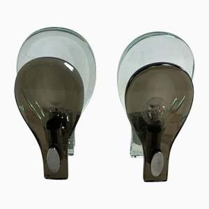 Mid-Century Wall Lamps in Nile Green and Smoked Murano Glass in the style of Fontana Arte, 1960s, Set of 2