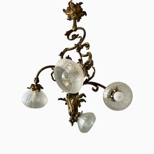 Art Nouveau Golden Chandelier with Frosted Glass Shades