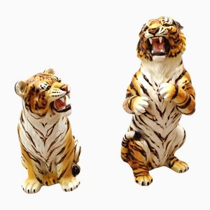 Große italienische handbemalte Keramik Tigers von Capodimonte, 1970er, 2er Set