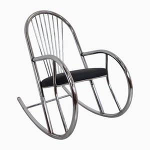 Sedia a dondolo Bauhaus in metallo cromato e pelle, anni '60