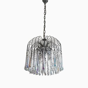Vintage Waterfall Lamp with Iridescent Glass Drops Crystals, 1960s