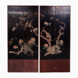 Paravento Mid-Century moderno a quattro pannelli con paesaggio e uccelli, Cina, 1940