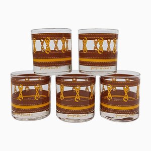 Low Ball Glasses with Chain Motif and Leather by Georges Briard, 1980s, Set of 5