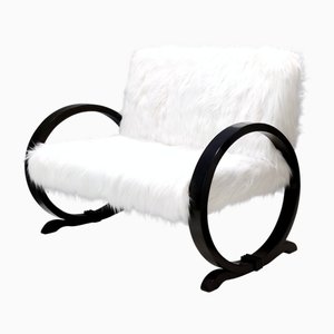 Canapé Blanc en Fausse Fourrure avec Structure en Bois Noir, Italie, 1940s