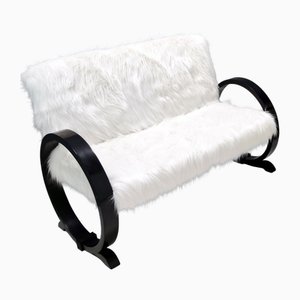 Canapé Vintage Blanc en Fausse Fourrure avec Structure en Bois Noir, Italie, 1940s