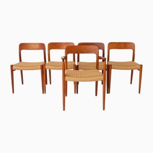 Danish Model 75 Chairs in Teak by Niels Otto Møller, 1950s, Set of 5