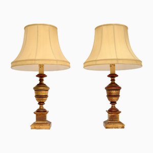 Lámparas de mesa vintage de madera dorada, años 50. Juego de 2