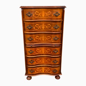 Cassettiera con 5 cassetti in legno intarsiato, anni '50