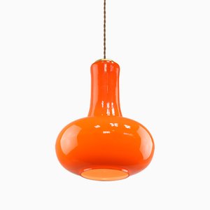 Italienische Mid-Century Hängelampe aus Glas & Messing in Orange