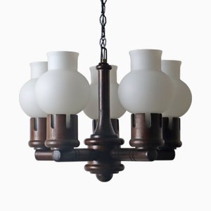 Chandelier in Wood with White Glasses in the Shape of an Onion from Vikrka, Denmark, 1960s