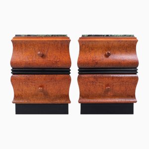 Art Deco Nachttische aus Nussholz & Grünem Marmor, 1920er, 2er Set