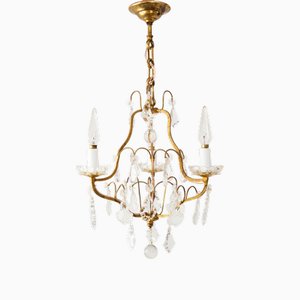 Vintage French Chandelier Brass and Glass, 1940s