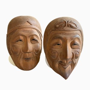 Vintage Japanese Kyogen Masks in Hand-Carved Wood, 1950s, Set of 2