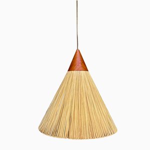 Conical Hanging Lamp in Teak Covered with Straw Weave from Temde Leuchten, 1950s