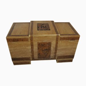 Art Deco Limed Oak & Carved Camphor Wood Chest, 1930s
