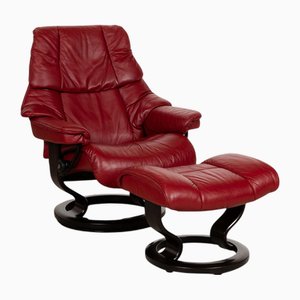 Stressless Reno Leather Chair in Red with Stool, Set of 2