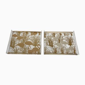 Acrylic Glass and Brass Trays with Gilded Bird Decor, Set of 2