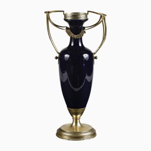 Glasierte blaue Keramikvase von Limoges, 1950er