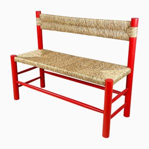 Mid-Century Modern Italian Bench in Red Wood and Straw, 1970s