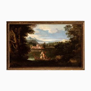 Unknown, River Landscape with Boat and Two Figures, Oil Painting, 17th Century