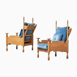 Set of Lounge Chairs in Oak and Blue Velvet by Abraham Sprij, 1950s