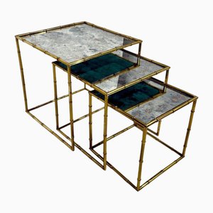 Nesting Brass Faux & Bamboo Tables from Maison Baguès, 1950s, Set of 3