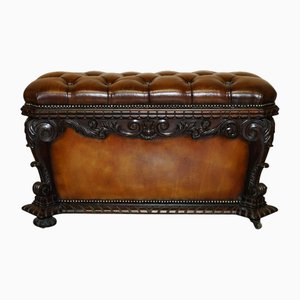 Otomana Chesterfield antigua de cuero y madera, 1830