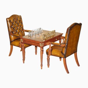 Chessboard Table and Chesterfield Armchairs in Leather, Set of 3