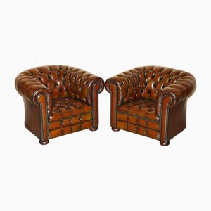 Set of Vintage Art Deco Chesterfield Tufted Chairs in Brown Leather, 1920s