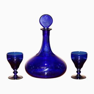 Antike Karaffe und Gläser aus kobaltblauem Sherryglas, 1920er, 3er Set