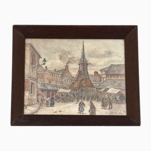 Alfred Hilpert, Escena de mercado en Honfleur, años 20, Acuarela sobre papel