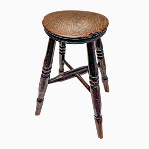 Early Rustic English Victorian Elm Wood Stool, 1900s