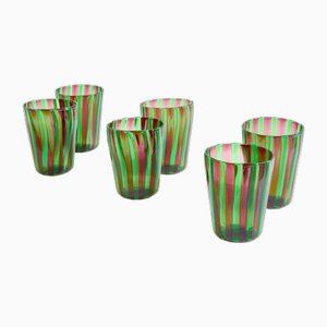 Vasos italianos de cristal de Murano en verde y morado, años 80. Juego de 6