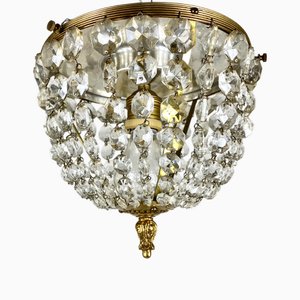 Lámpara de techo vintage con forma de cesta de cristal con borlas, Francia, años 60