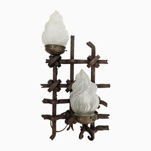 Lámpara de pared brutalista con dos formas de vidrio, años 70