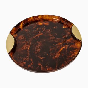 Rundes Vintage Serviertablett aus Acrylglas & Messing in Schildpattoptik, 1970er